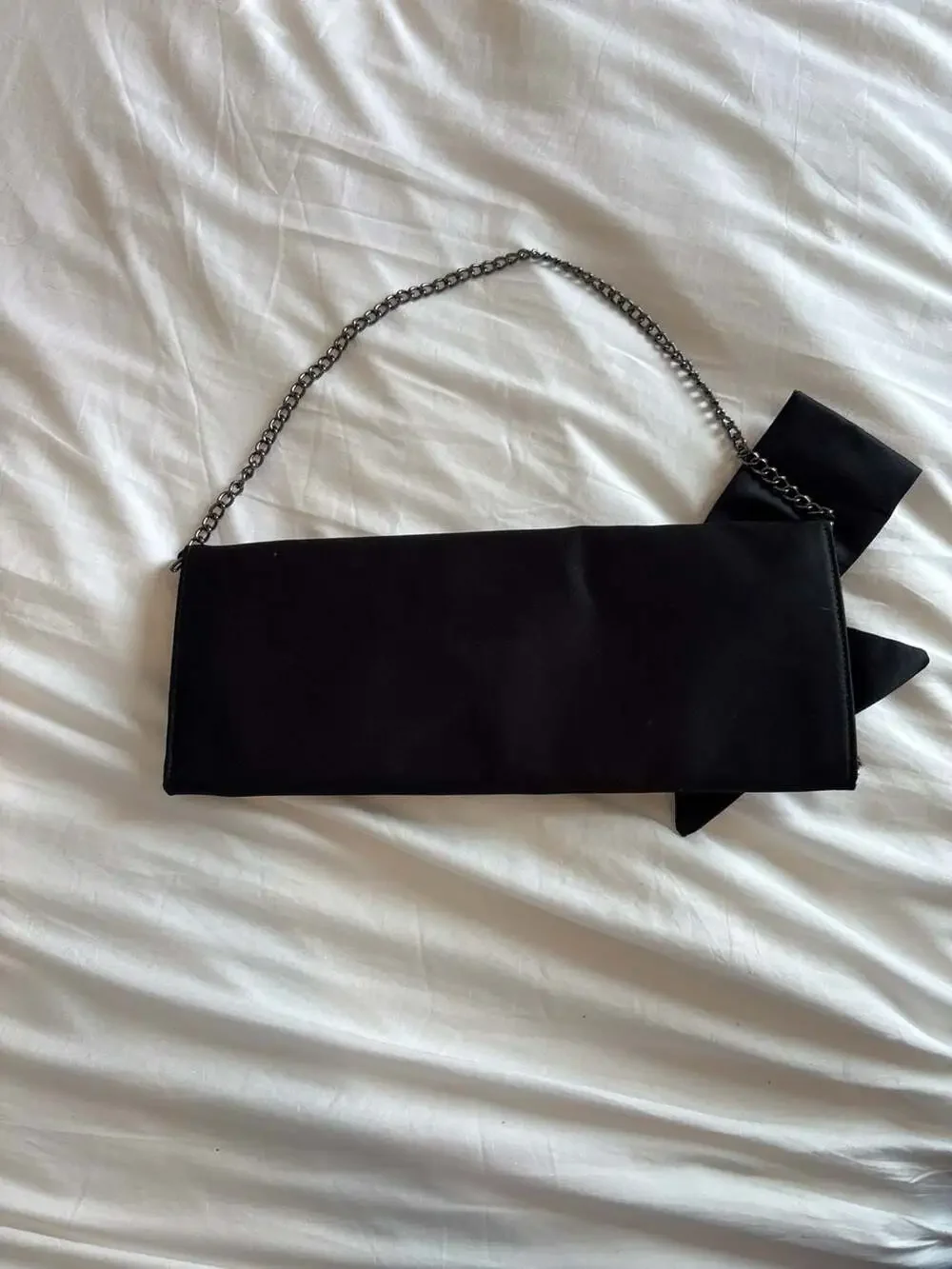 White House Black Market Black Satin Large Bow Chain Strap Evening Clutch - Picture 3 of 11